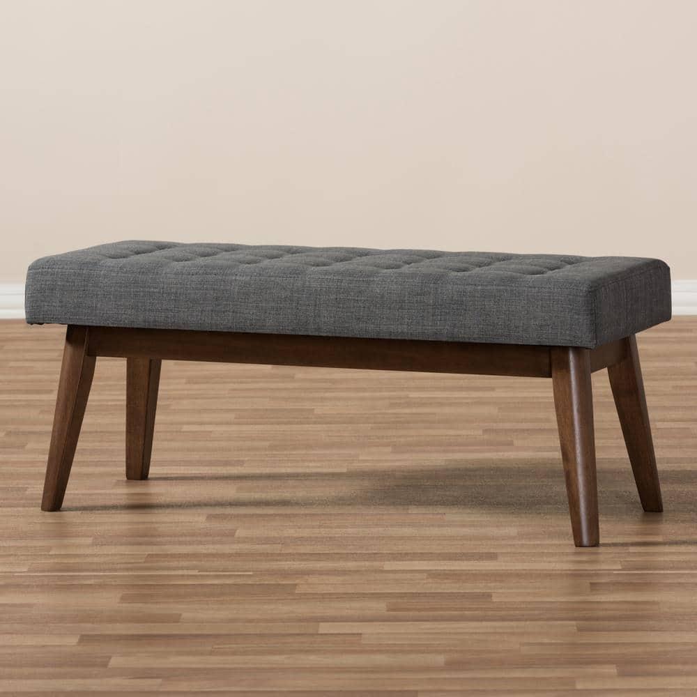 Baxton Studio Elia Mid Century Modern Walnut Wood Fabric Button Tufted Bench Dark Gray: Rubberwood Frame, Polyester Upholstery, 400lb Capacity