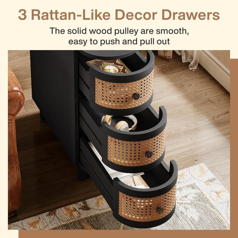 Canddidliike Wood End Table, 3-Drawer Side Table NightStand with 3 Rattan Drawers, End Table for Bedroom, Black