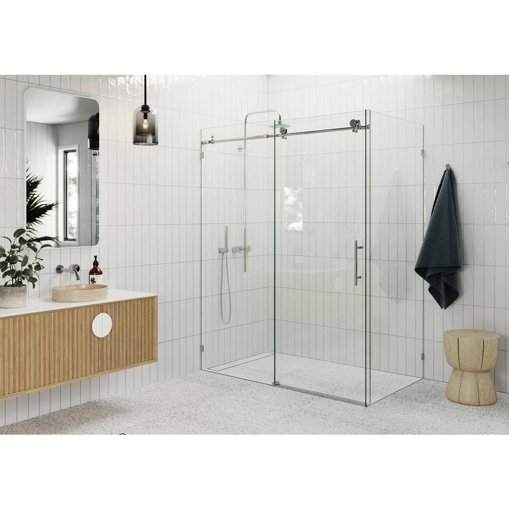 Nova 56 in. x 34 in. x 78 in. 90-degree Fully Frameless Sliding Glass Shower Enclosure