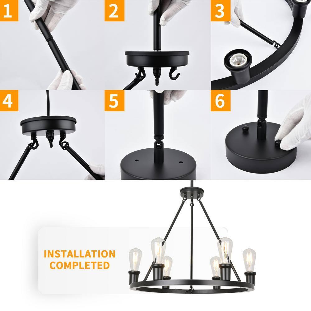 Farmhouse 6 Lights Black Wagon Wheel Chandelier,Modern Vintage Round Pendant Light Fixture for Dining Room,Living Room, Entryway Foyer Kitchen Island, E26