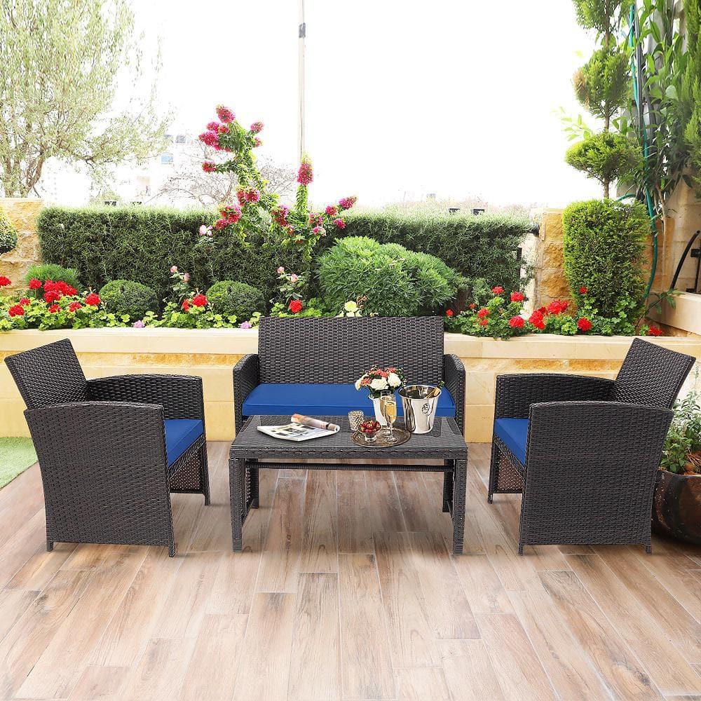 Resenkos 4 Pieces Outdoor Rattan Furniture Set, Wicker Furniture Sets, Patio Conversation Sets with Coffee Table Cushioned Sofa-Red