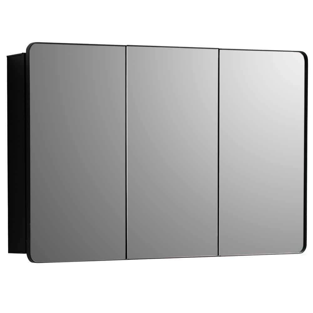 Basicwise 3-Door Aluminum Medicine Cabinet, Round Corner Frame, Surface or Recessed Mount, Mirrored Doors with Adjustable Glass Shelves, Matte Black
