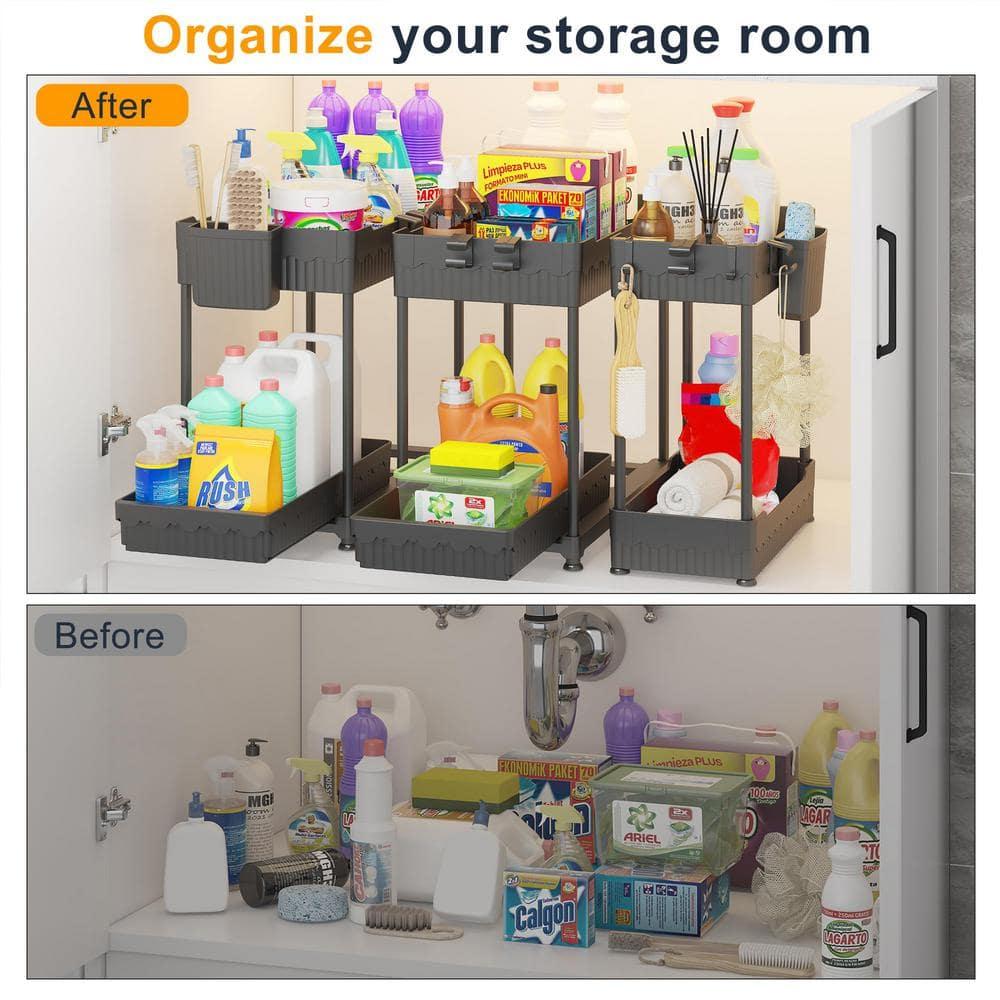 Adeco Trading Under Sink Organizer, 2-Tier Multi-Use Kitchen Bathroom Organizers And Storage With Sliding Drawer，Bathroom Cabinet Organizer (Black, 3 Pack)