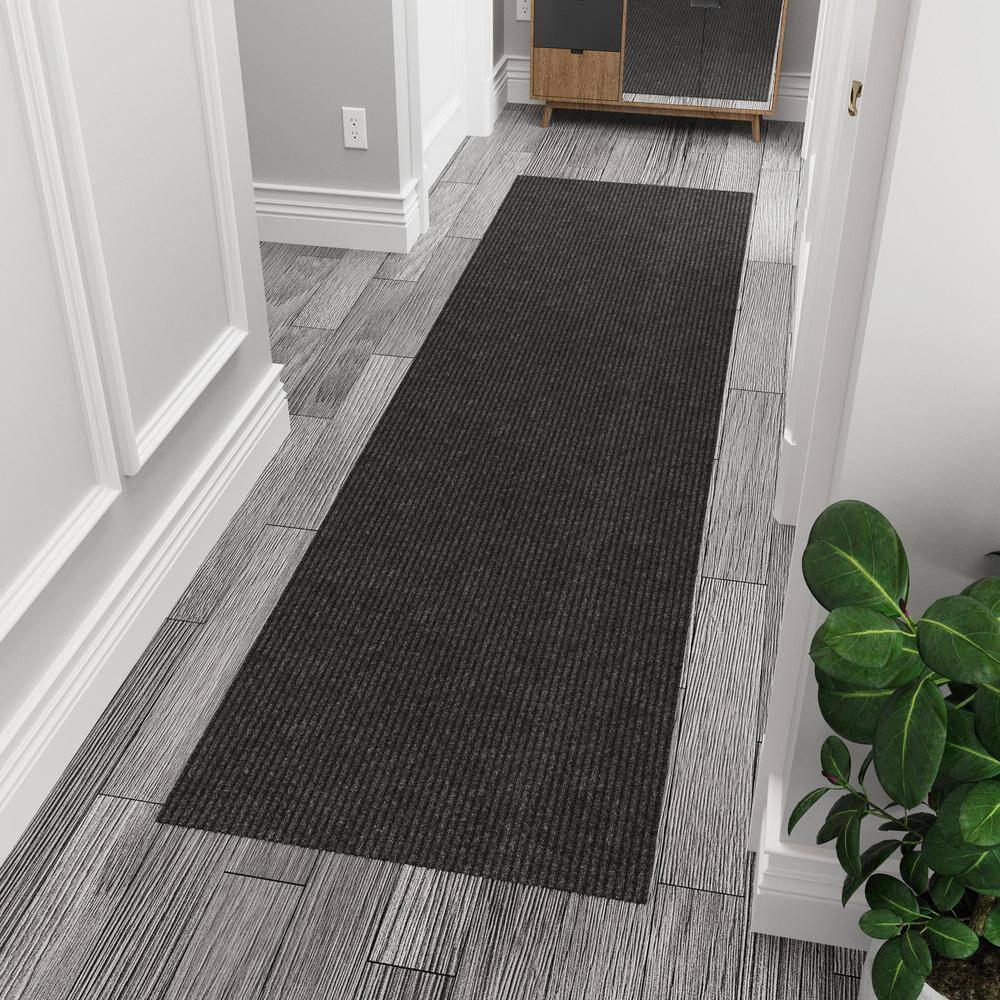 Ottomanson Non-Slip Hallway Runner Rug 2'7" x 6' Indoor/Outdoor Custom Size Utility Carpet for Garage, Black Ribbed