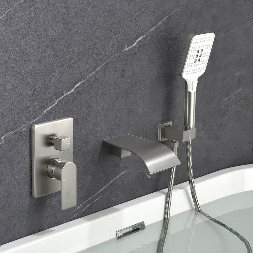 Tub Filler Faucet with Hand Shower Bath Tub Faucets with Rough-in Valve Trim Kit Wall Mounted Waterfall Bathtub Faucets Brushed Nickel