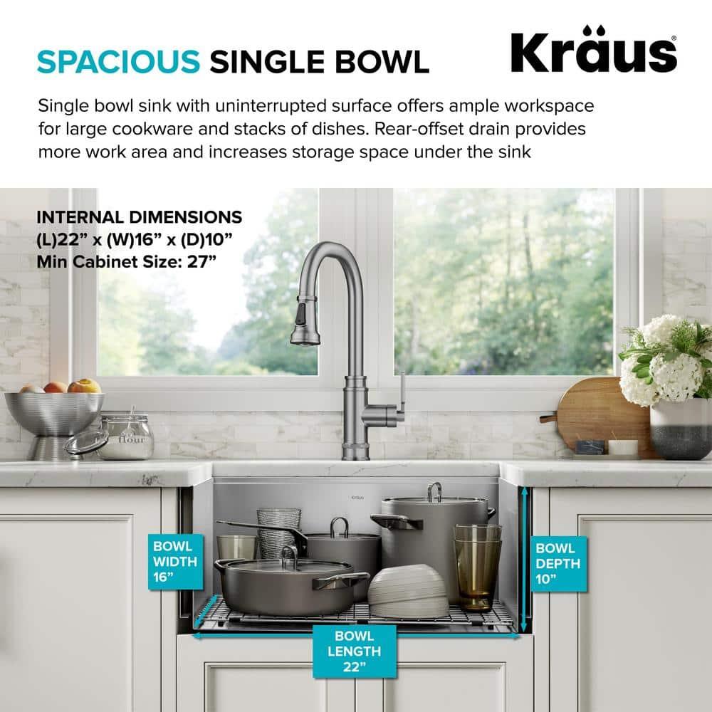 KRAUS Kore™ 24" L Farmhouse Apron Front Workstation 16 Gauge Stainless Steel Single Bowl Kitchen Sink with Accessories