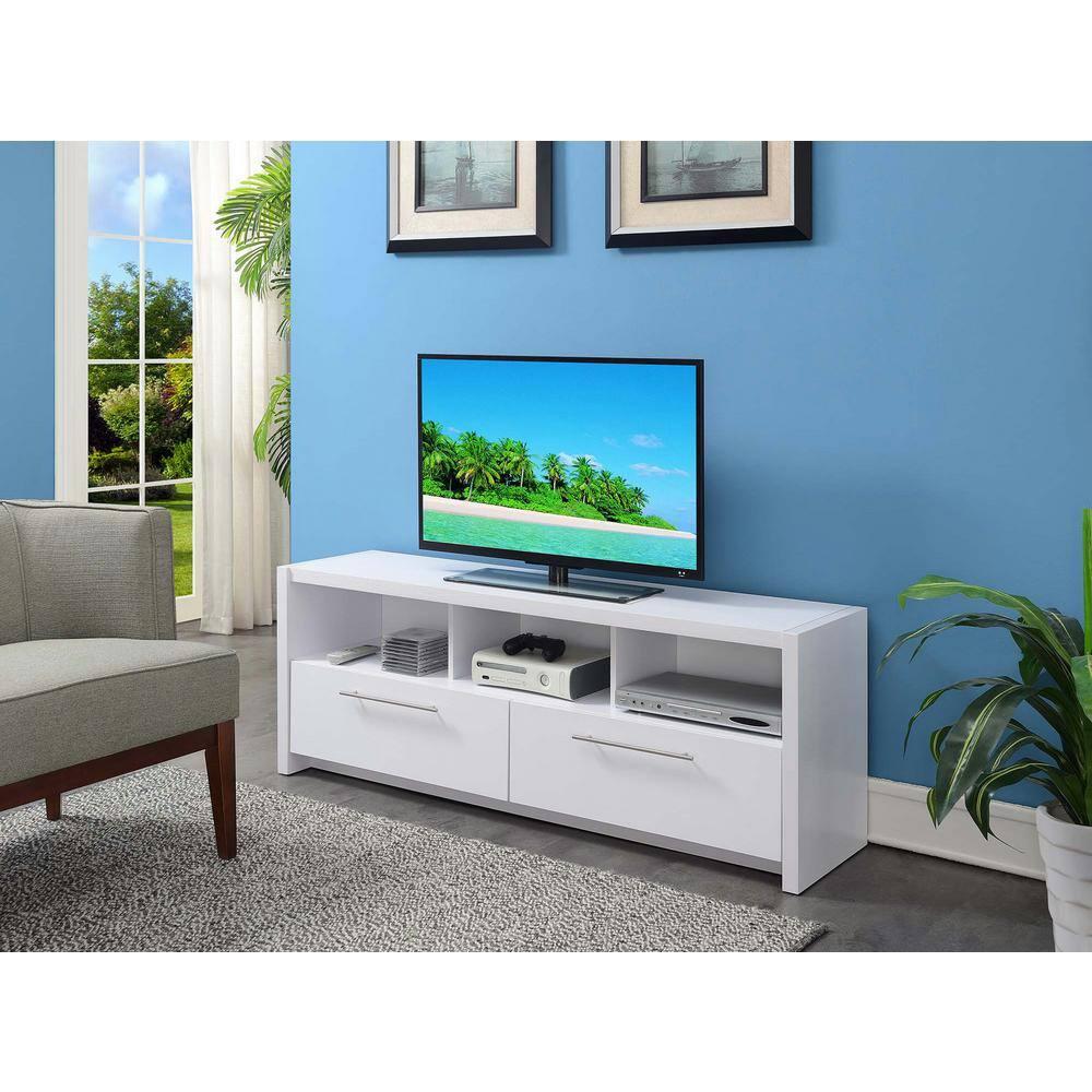 Convenience Concepts Newport Marbella 60 inch TV Stand with Cabinets and Shelves, White