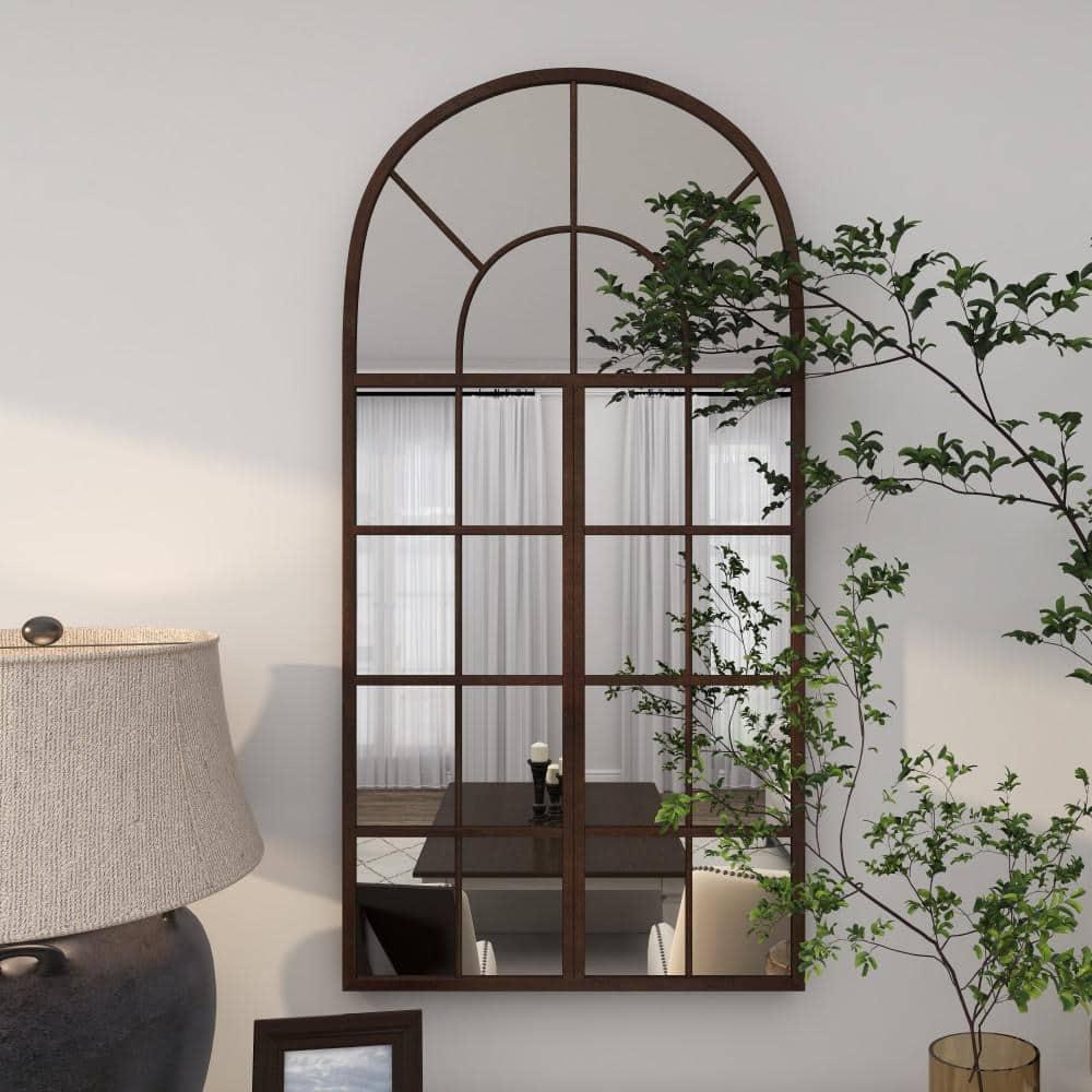 DecMode 24" x 48" Brown Window Pane Inspired Wall Mirror with Arched Top