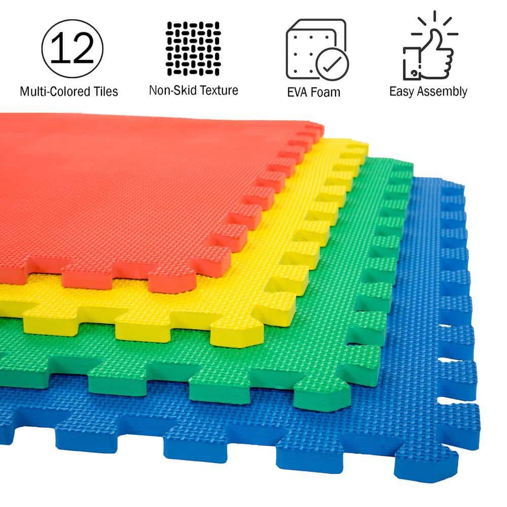 EVA Foam Mat Tiles 12-Pack - 48 SQ FT Interlocking Padding for Playroom or Gym Flooring - Workout Mat or Baby Playmat by Stalwart (Multicolor)