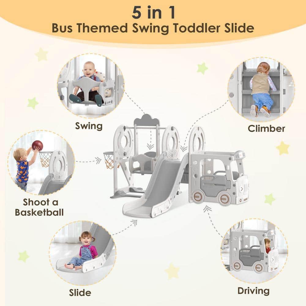 Suteck 5 in 1 Toddler Slide, Kids Slide with Climber,Bus Playhouse and Swing Outdoor Indoor Slide Playset