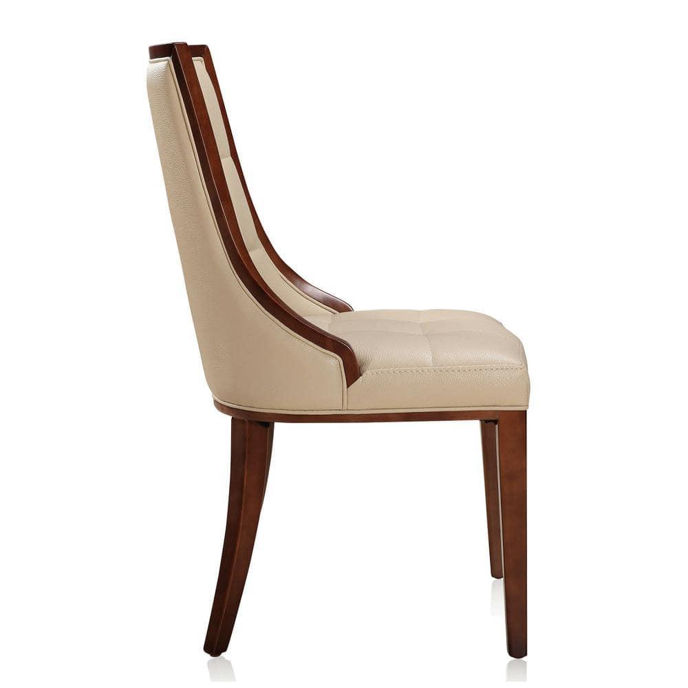 Manhattan Comfort Fifth Avenue Faux Leather Dining Chair (Set of Two) in Cream and Walnut