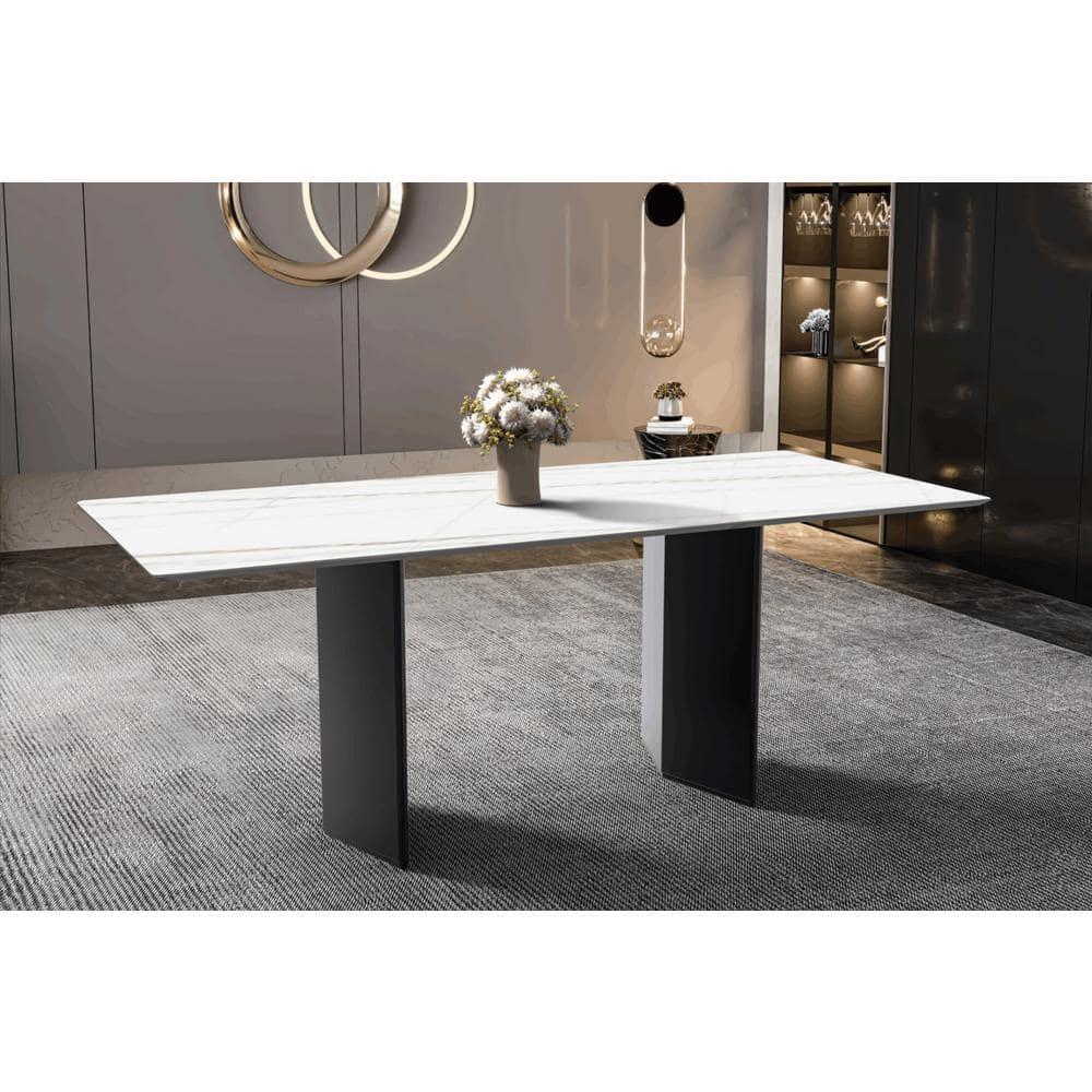LeisureMod Lior Modern Dining Table Rectangular Kitchen Table Furniture with Sintered Ston Tabletop in Black Steel for Kitchen and Dining Room in White Gold