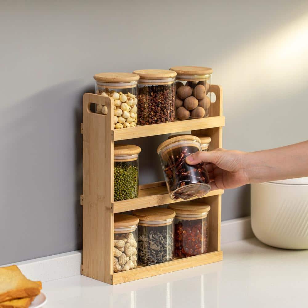 Rebrilliant Rebrilliant Versatile 3-tier Bamboo Spice Rack And Pantry Organizer With 9 Glass Jars – Perfect For Countertop Storage In Kitchens To Keep Seasoning Containers Neatly Displayed And Easily Accessible