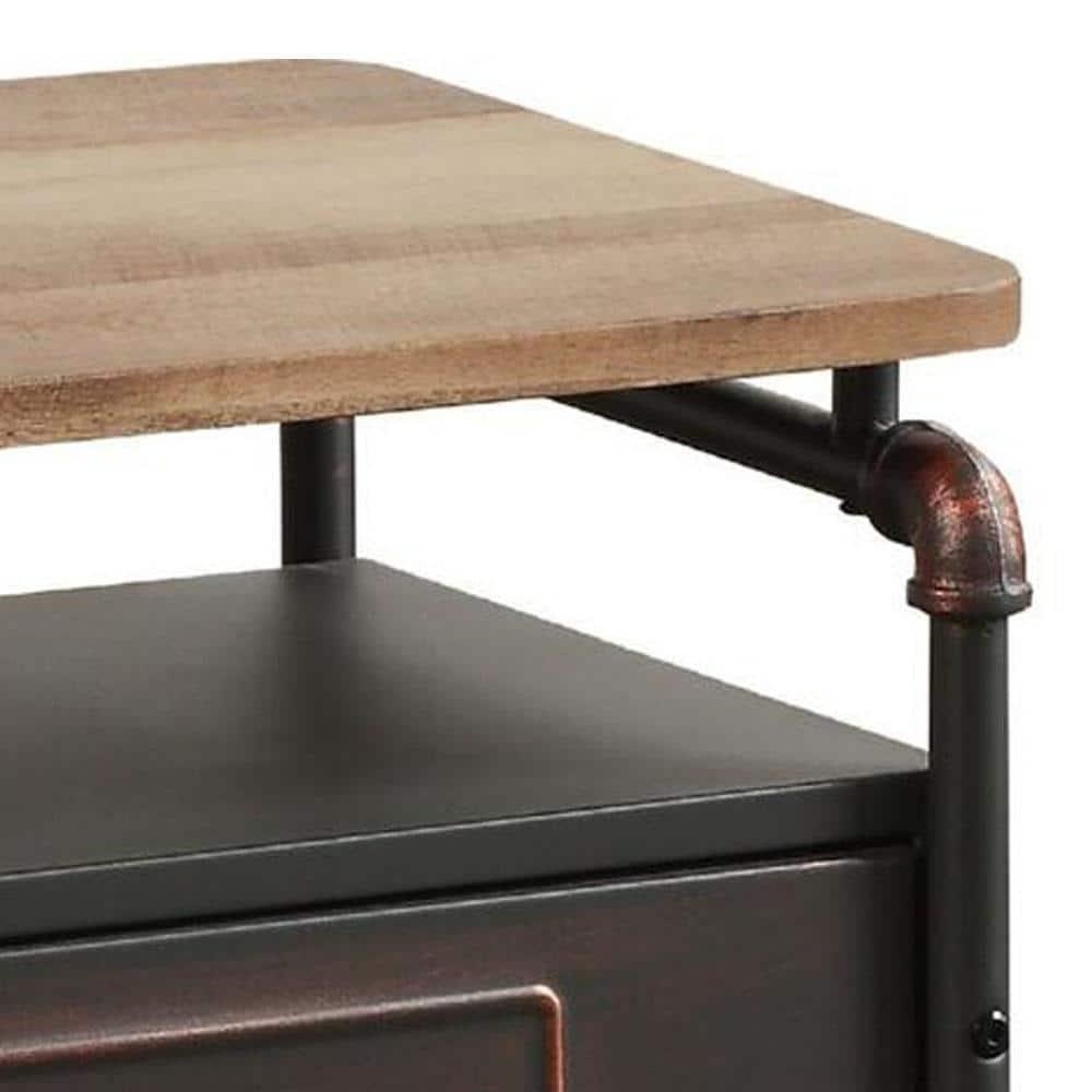 Industrial Pipe Detailed Nightstand With One Drawer And One Shelf, Antique Oak and Sandy Grey- Saltoro Sherpi
