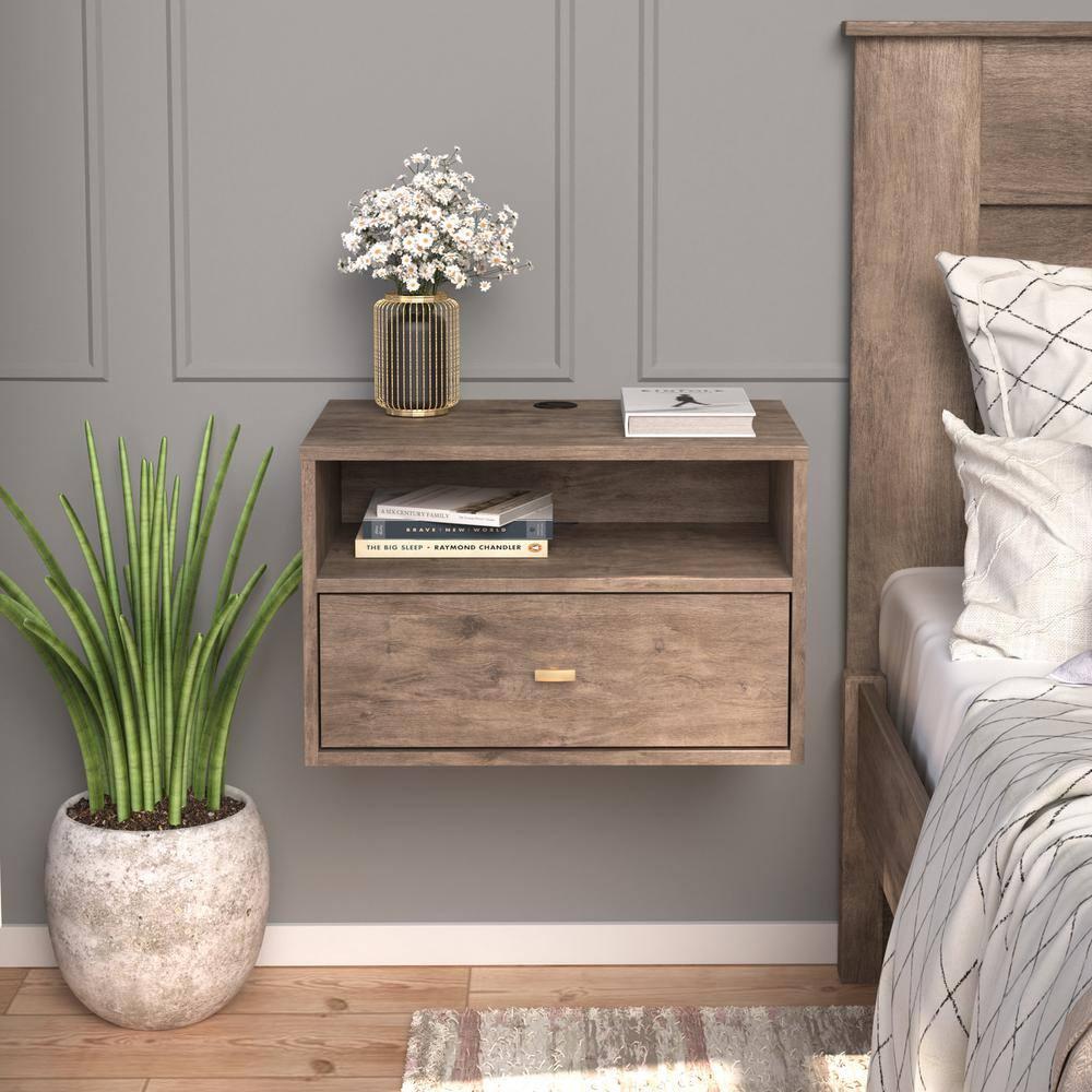 Floating 1 Drawer Nightstand with Open Shelf Drifted Gray - Prepac: Laminated, Cable Management, Metal Glides
