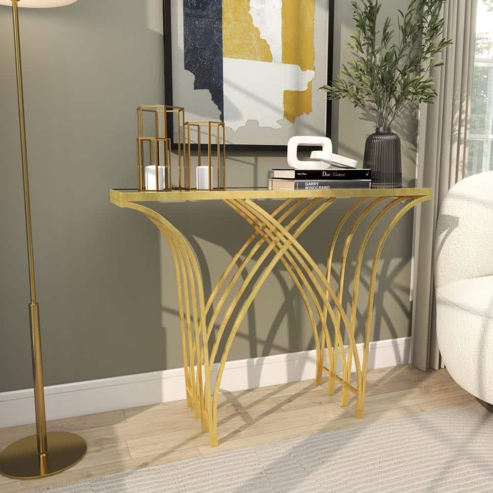 Mercer41 Derbyshire Metal Geometric Gold Console Table with Mirrored Glass Top