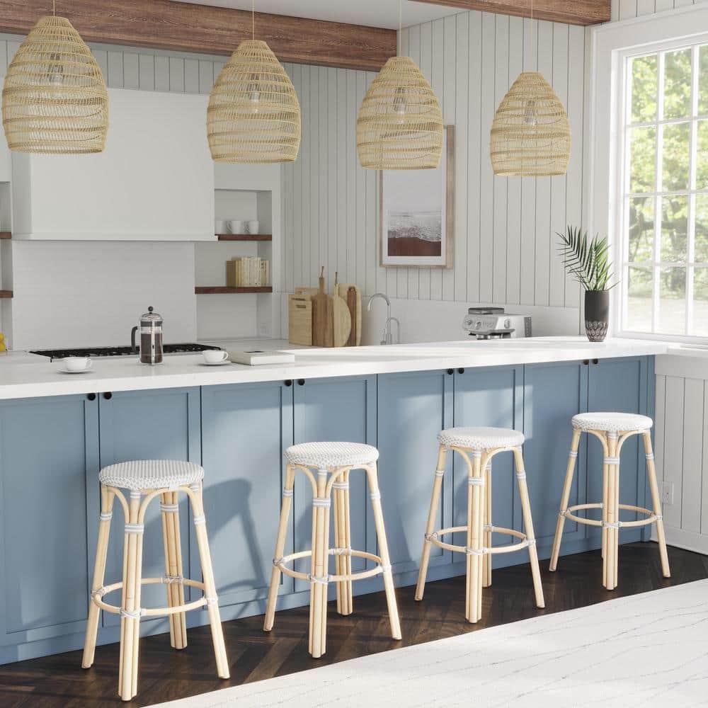 Gray Backless Wood Bar Stool with Rattan Seat, 30"