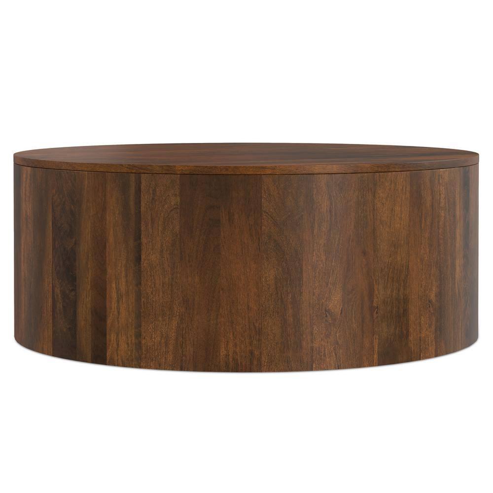 Millbury SOLID MANGO WOOD 36 inch Wide Round Contemporary Drum Coffee Table in Walnut Brown, Fully Assembled
