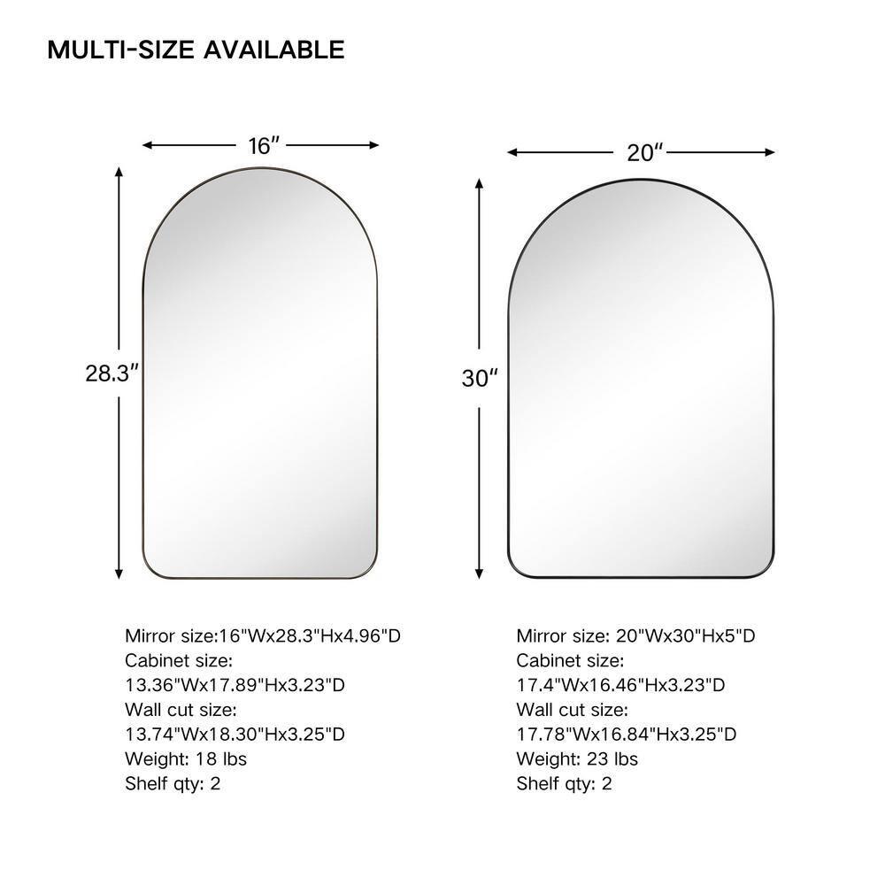 TEHOME 16 in. W x 28.3 in. H Arched Metal Framed Recessed Medicine Cabinet with Mirror for bathroom in Black