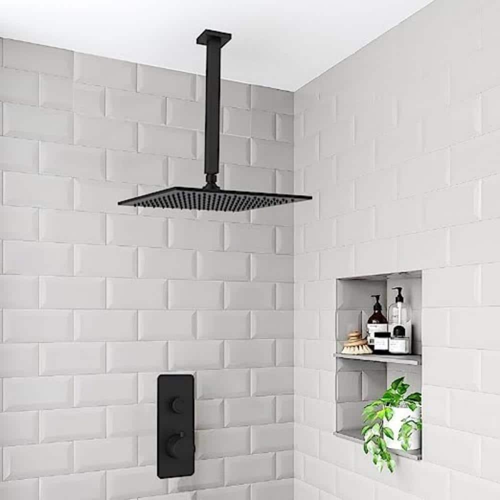 Aquaiaw Shower Head, 12 inch Fixed Rain Head Shower, Seamless Laser Soldered 304 Stainless Steel, 1-Piece Construction, Matte Black, Square, Wall or Ceiling High Pressure Shower, 2.5 GPM, Brass Joint