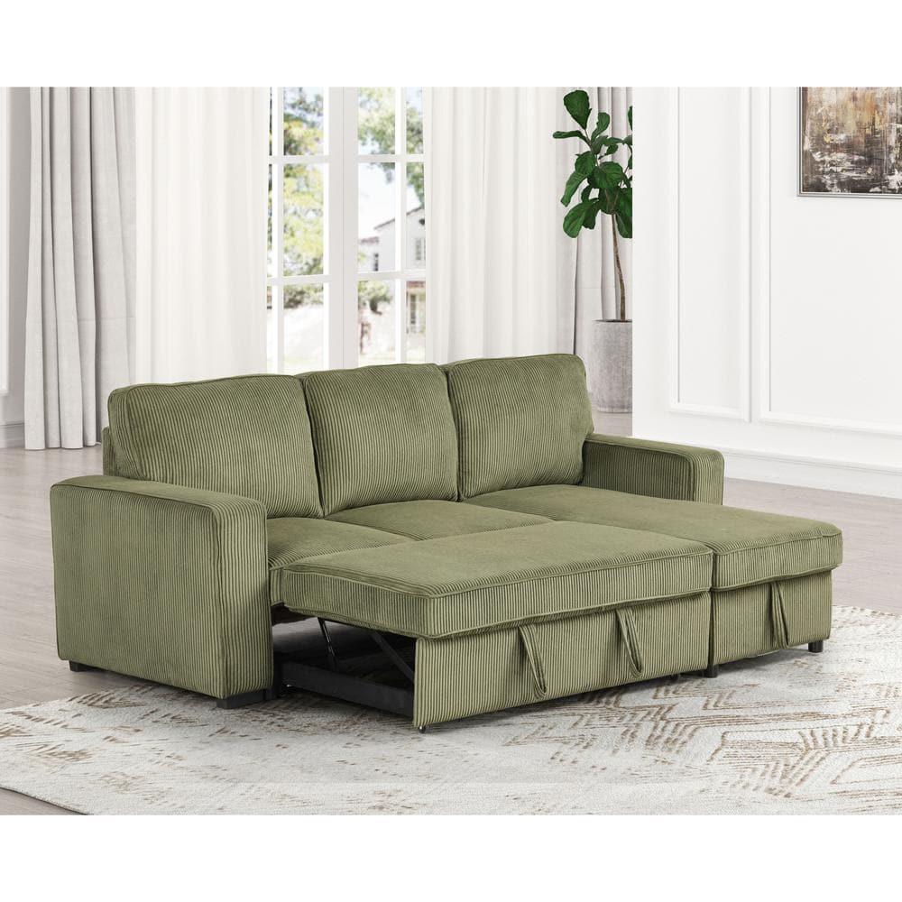 HOMES: Inside + Out Paeke Sleeper Sectional Sofa Corduroy with Storage Chaise and Reversible Green