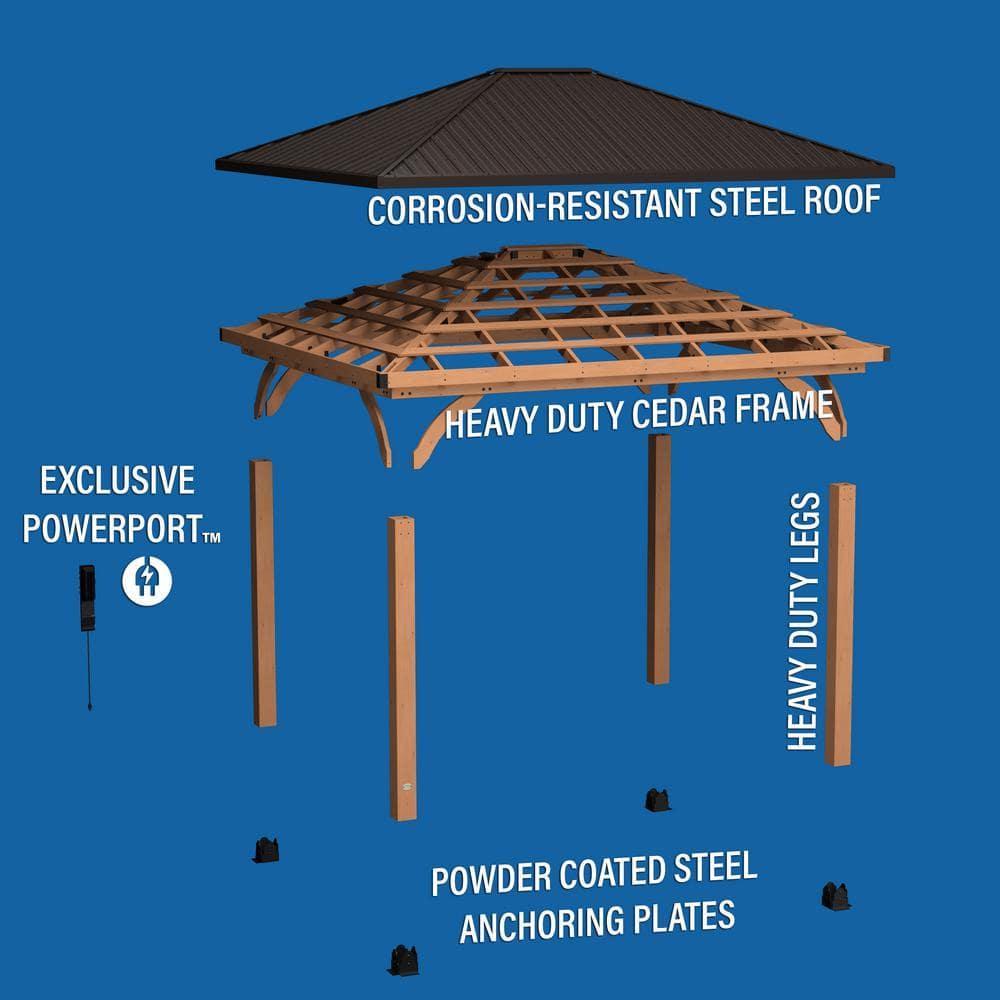 Backyard Discovery Barrington 14' x 12' Cedar Wood Gazebo, Galvanized Steel Roof, PowerPort