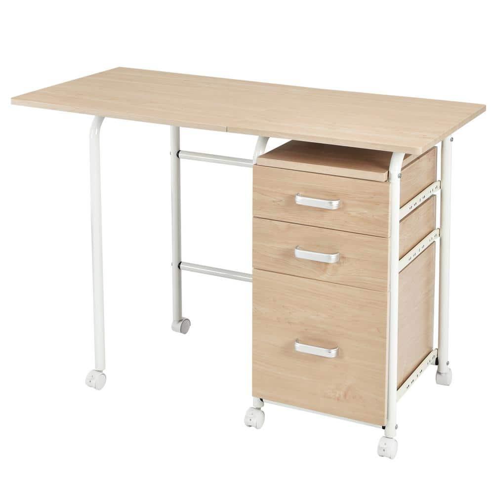 Gymax Folding Computer Laptop Desk Wheeled Home Office Furniture With 3 Drawers