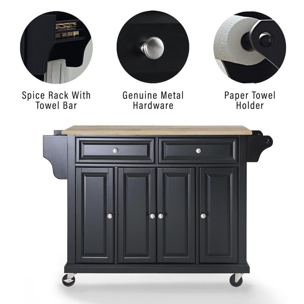 Full Size Wood Top Kitchen Cart Black - Crosley: Mobile Storage, 3 Cabinets, Spice Rack