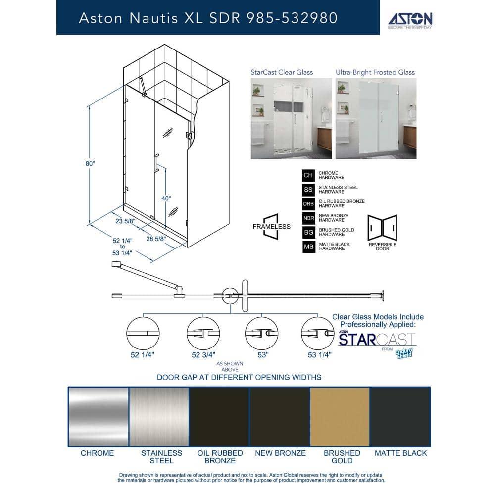 Aston Nautis XL 52.25 - 53.25 in. W x 80 in. H Hinged Frameless Shower Door with Clear StarCast Glass SDR985EZ-MB-532980