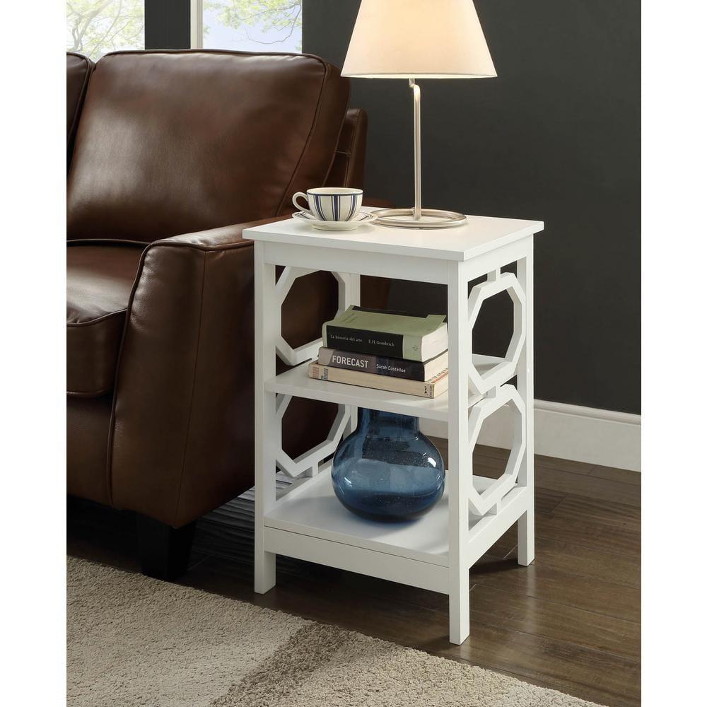 Omega Round White Wood End Table with Geometric Shelves