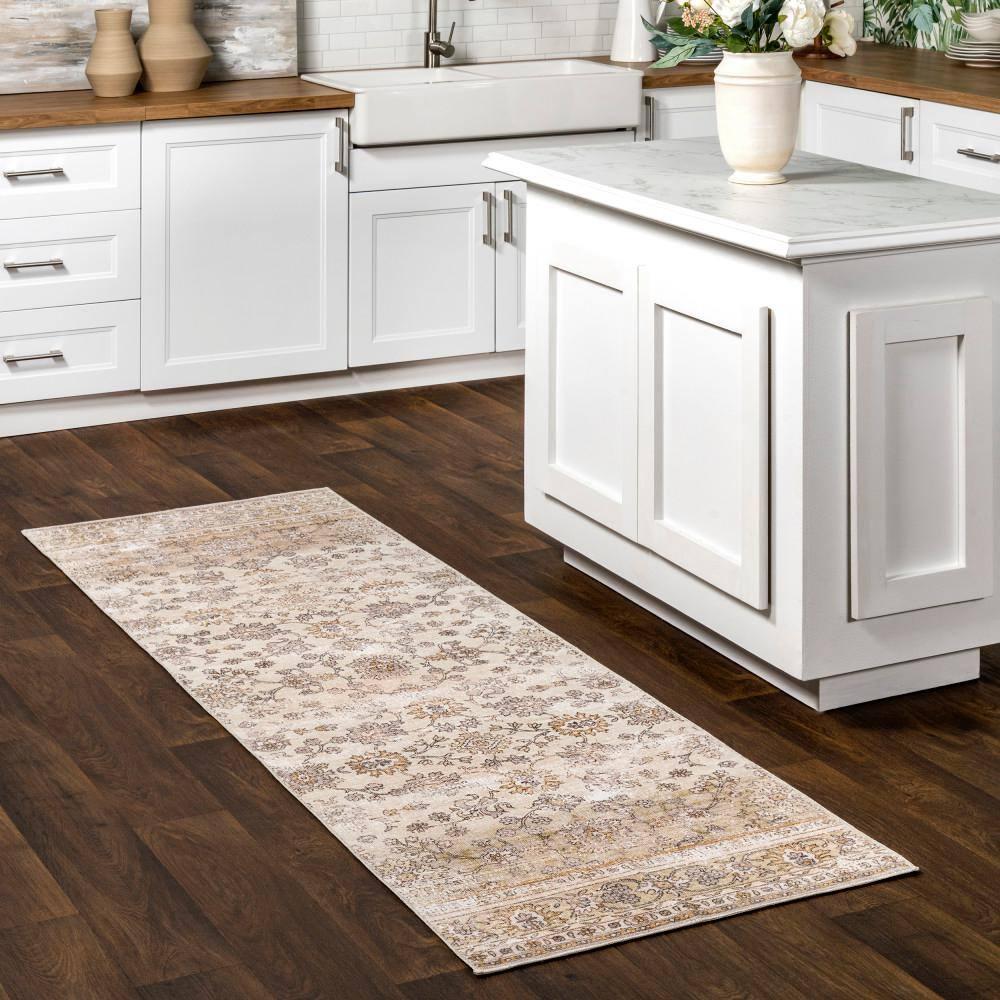 Deadra Vintage Floral Gray and Beige Synthetic Runner Rug