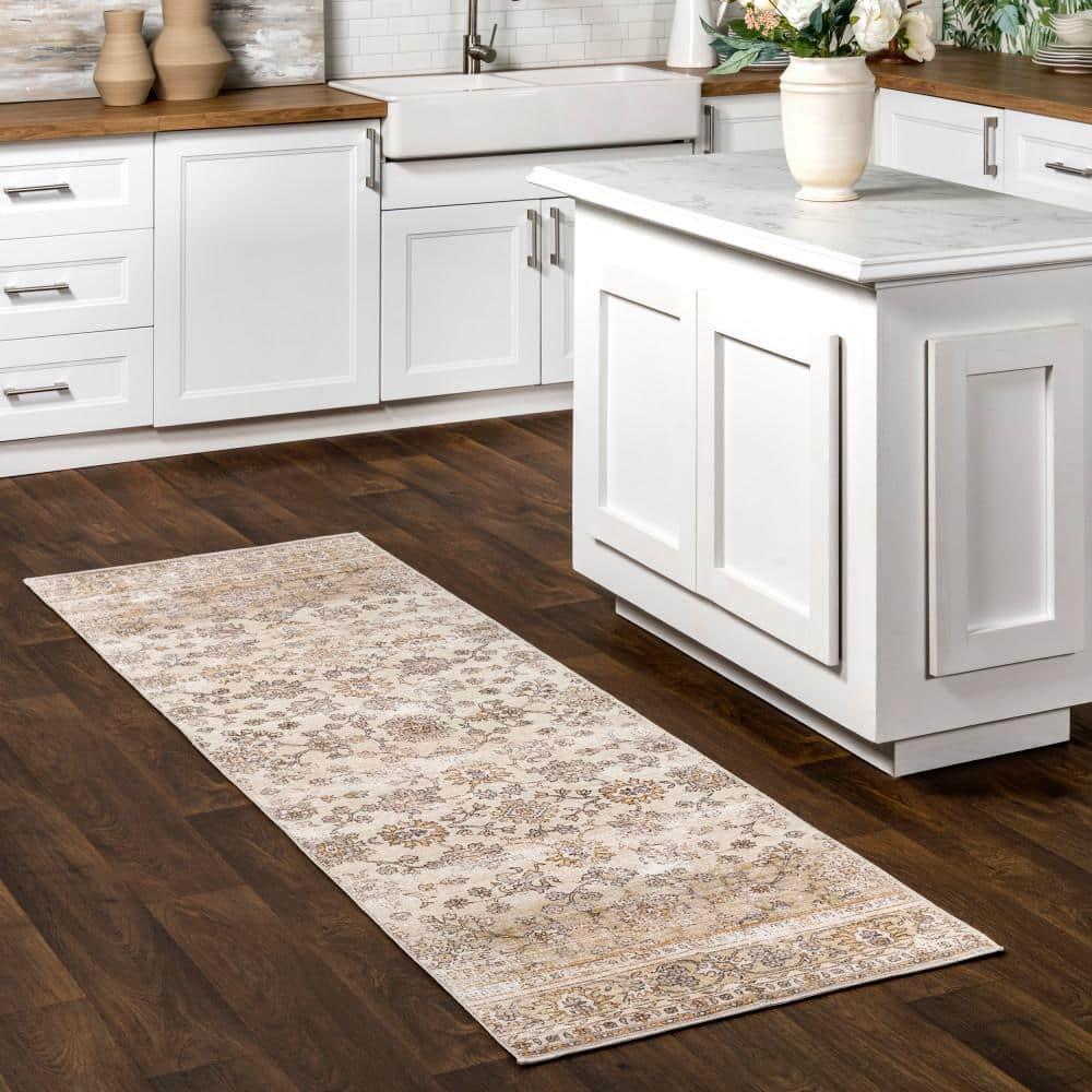 Deadra Vintage Floral Gray and Beige Synthetic Runner Rug
