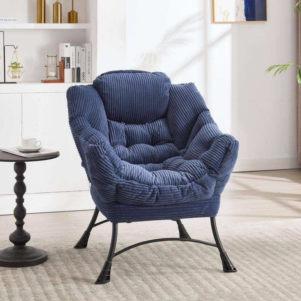 Modern Lazy Chair with Ottoman, Accent Chair with Armrests and a Side Pocket, Blue Cotton Reading Chair with Footrest-Coolbibila