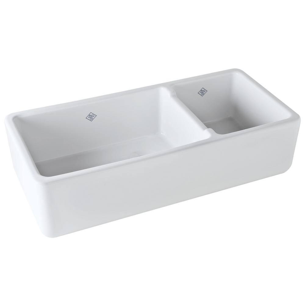 Shaws RC4019WH Lancaster 40" Double Bowl Farmhouse Apron Front Fireclay Kitchen Sink