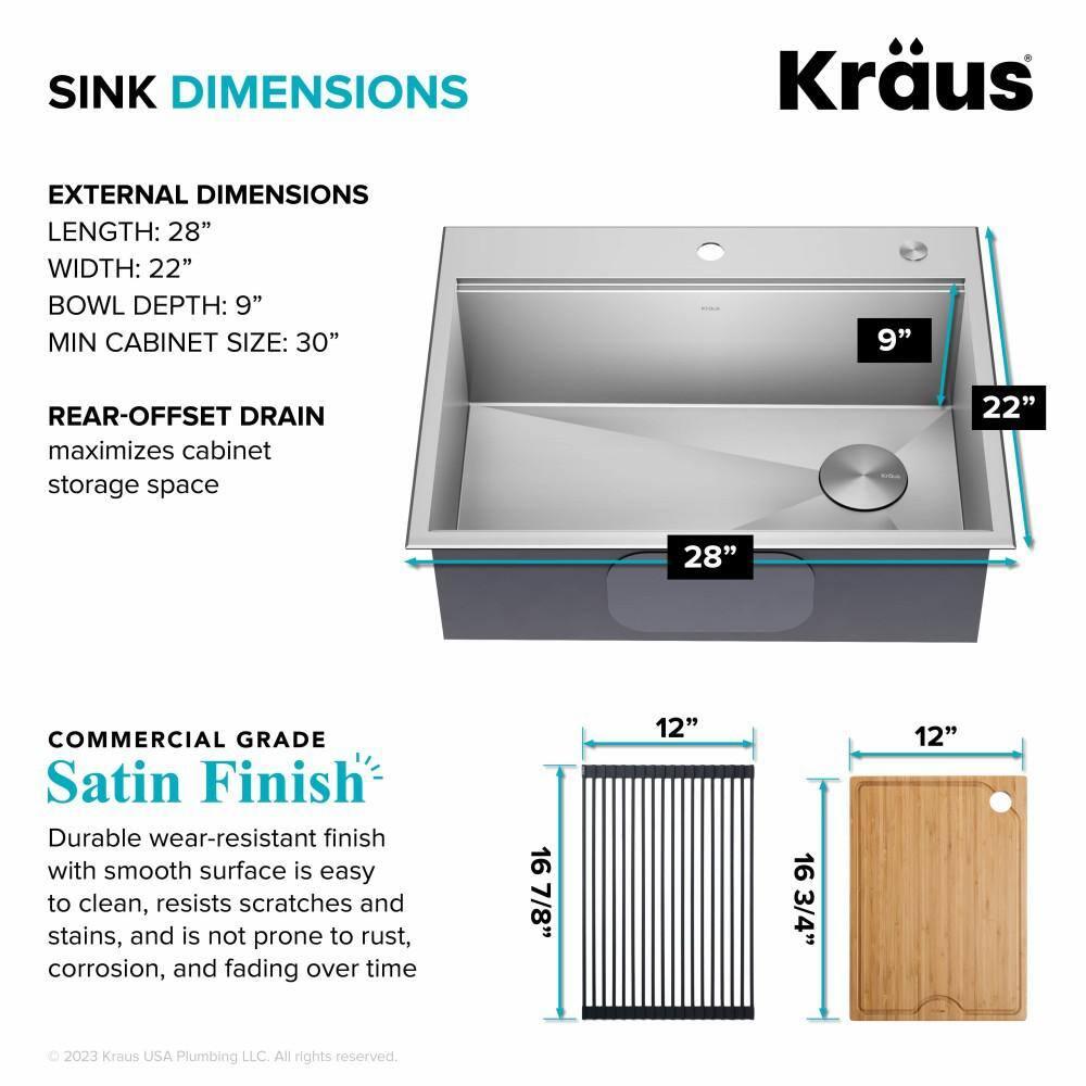 KRAUS Kore Drop-In Workstation 16 Gauge Stainless Steel Single Bowl Kitchen Sink with Accessories