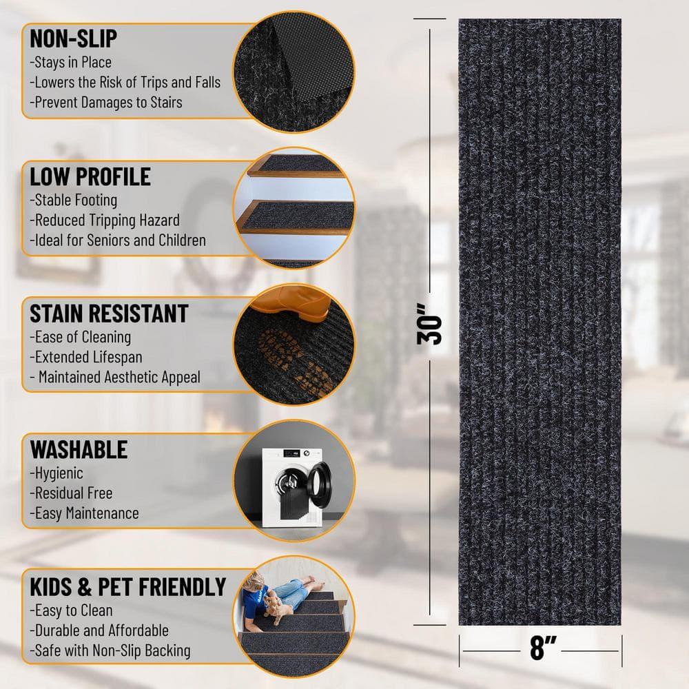 Ottomanson Non-Slip Rubberback Solid 8" x 30" Indoor/Outdoor Stair Treads for Stairs, Garage, Patio, 7 Pack, Black