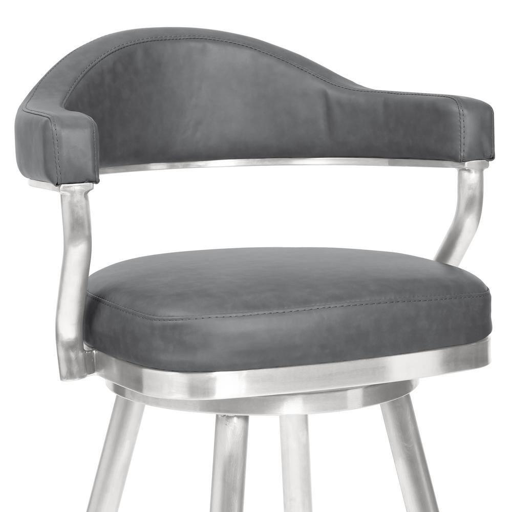 Homestock Baroque Bonanza 30" Bar Height Barstool in Brushed Stainless Steel and Gray Faux Leather