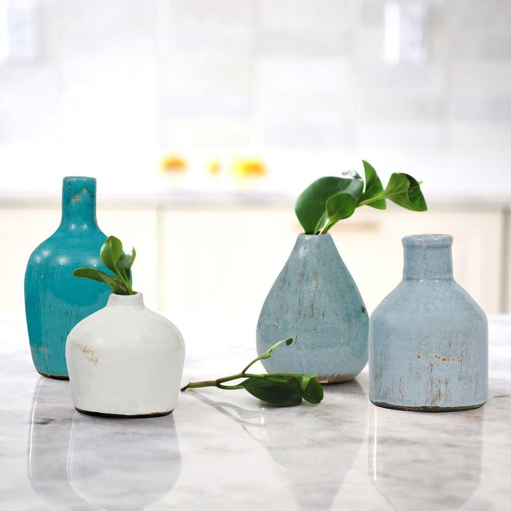Storied Home Set of 4 Terra-cotta Vases Blue & White - Handmade Pottery, Not Dishwasher-Safe