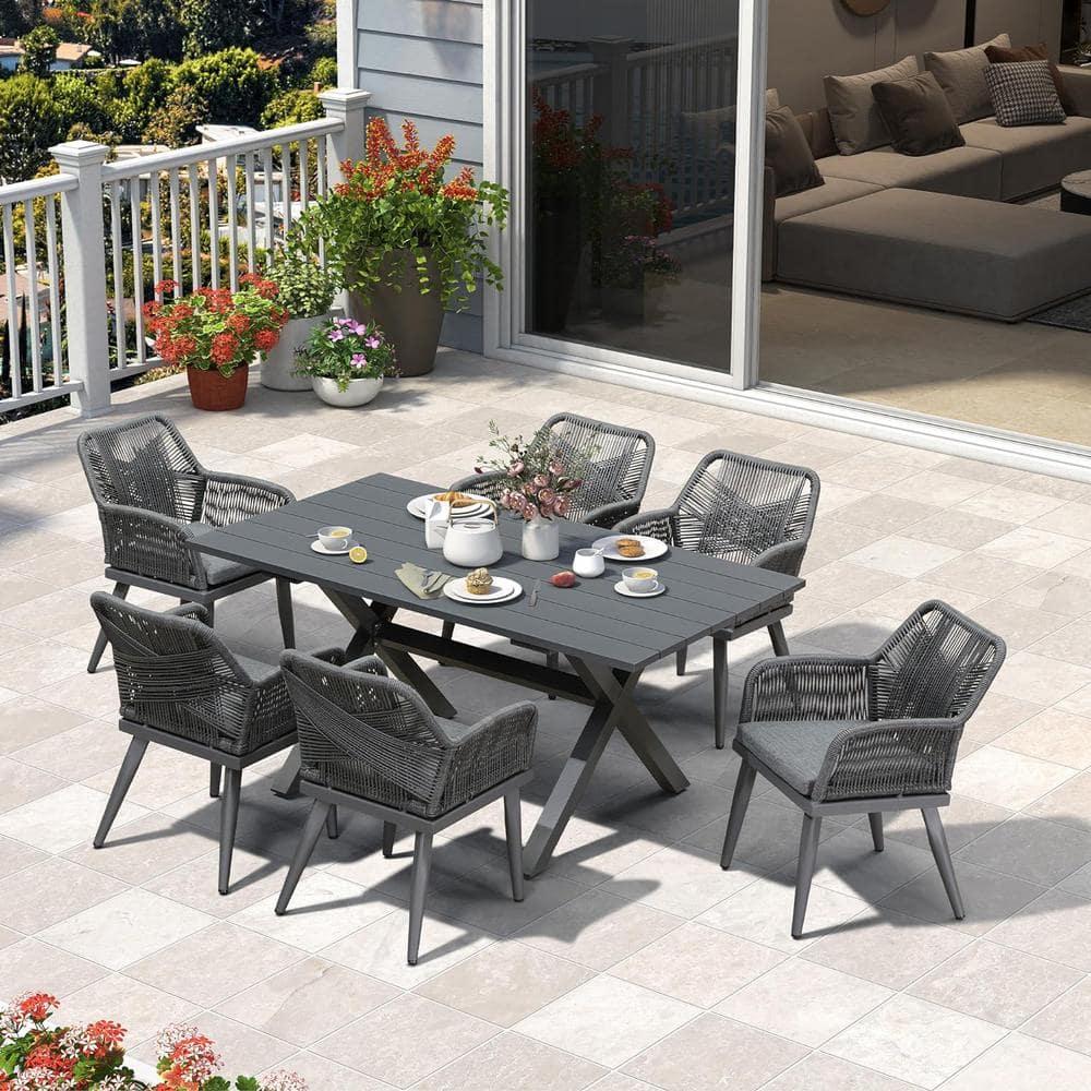 PURPLE LEAF 7 Pieces Outdoor Dining Set All-Weather PE Rattan Outdoor Patio Furniture Set with All Aluminum Frame Rectangular Table and Chairs Set for Lawn Garden Backyard Deck, Grey