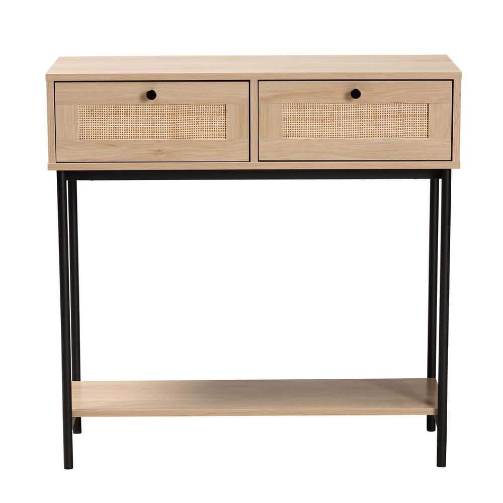 Sherwin 2 Drawer Console Table with Woven Rattan Accent Light Brown/Black - Baxton Studio:Entryway Storage