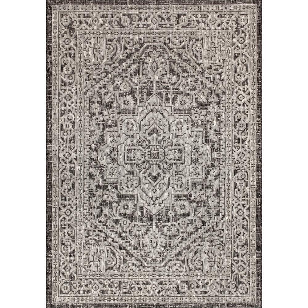 3'x5' Sinjuri Medallion Textured Weave Indoor/Outdoor Area Rug, Gray/Black - JONATHAN Y