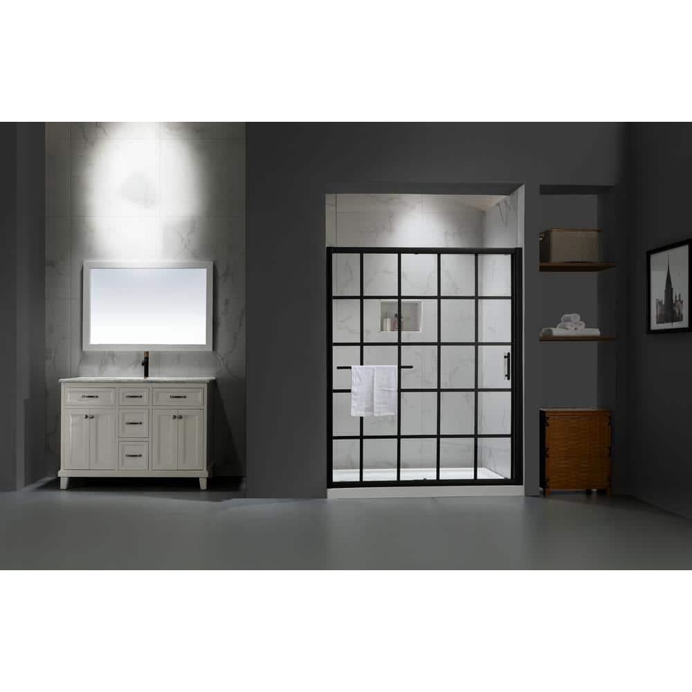 56-60" W x 72" H Framed Grid Pattern Single Sliding Shower Door with 1/4" (6mm) Clear SGCC Tempered Glass in Matte Black Finish, Reversible Installation