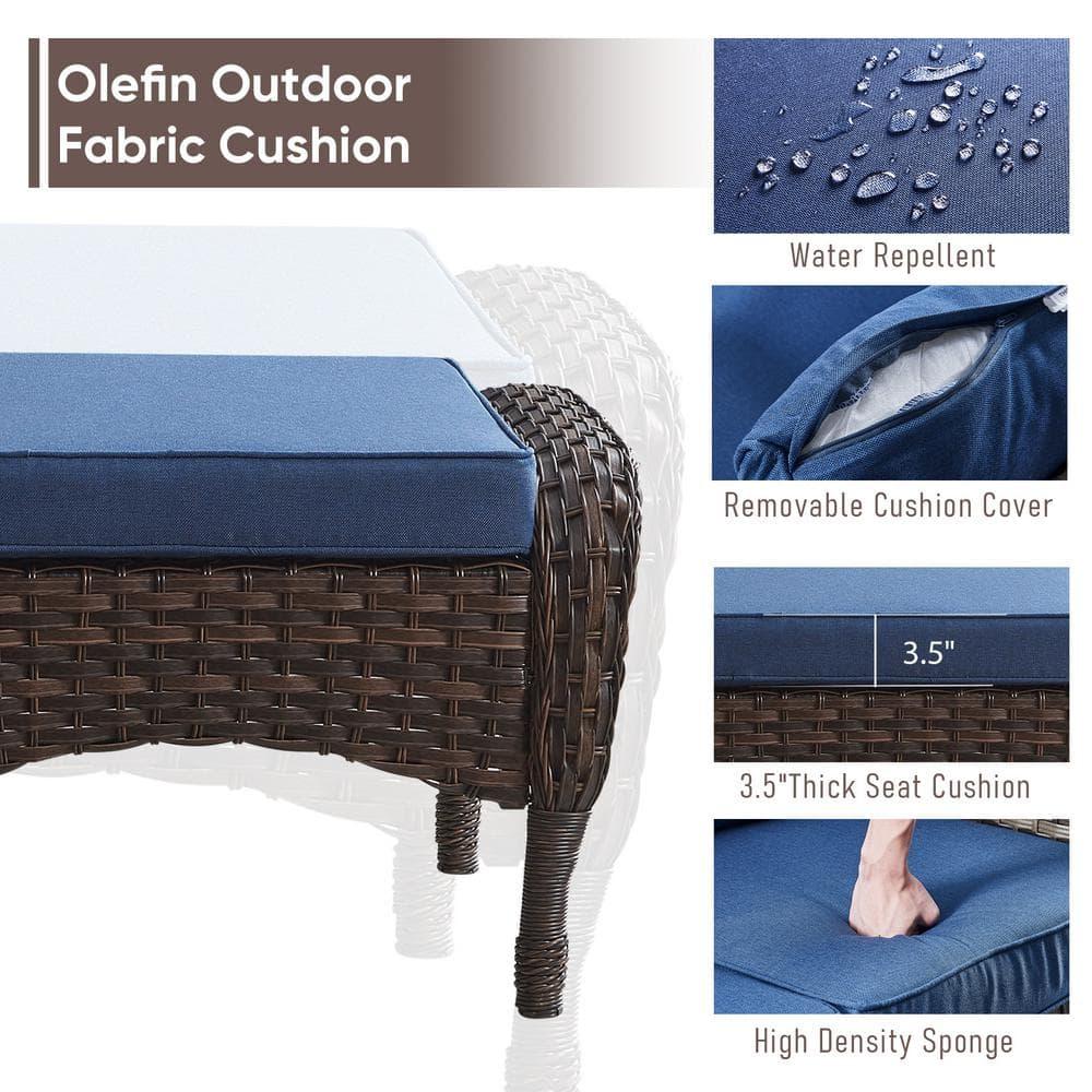 Flat Armrest Series Brown Wicker Outdoor Patio Ottoman with CushionGuard Blue Cushions (2-Pack)