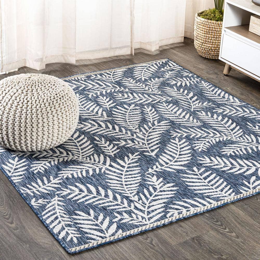 5' Square Nevis Palm Frond Indoor/Outdoor Area Rug, Navy/Ivory - JONATHAN Y