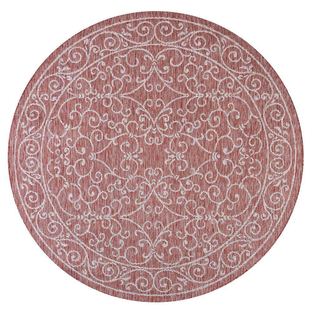 5' Round Charleston Vintage Filigree Textured Weave Indoor/Outdoor Area Rug, Red/Beige - JONATHAN Y