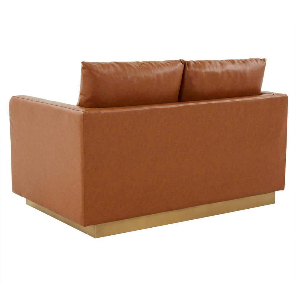LeisureMod Nervo Mid-Century Modern Upholstered Faux Leather Loveseat with Gold Frame in Cognac Tan