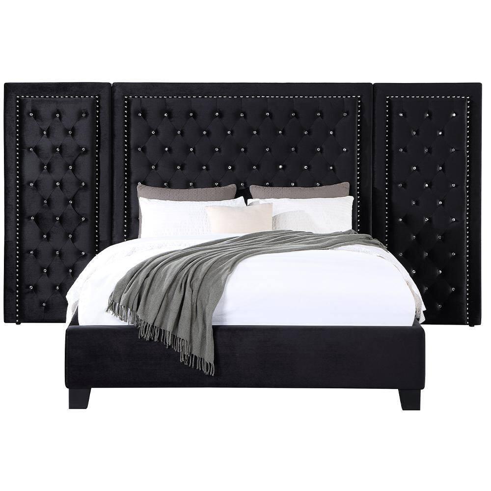 Damazy 86" King Bed Black Velvet - Acme Furniture: Crystal-like Tufting, Nailhead Trim, No Box Spring Required