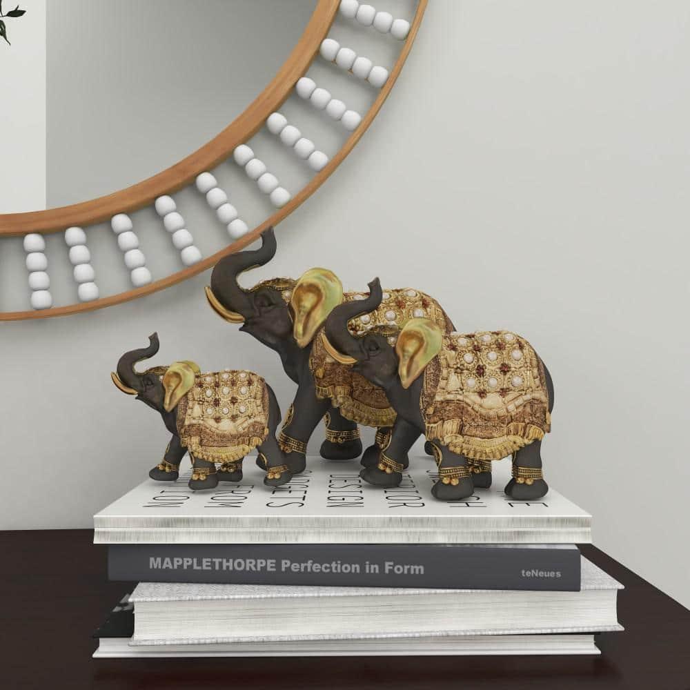 World Menagerie Alfhild Polystone Handmade Decorated Elephant Gold Sculpture with Ornate Dresswear and Pearl Accents Set