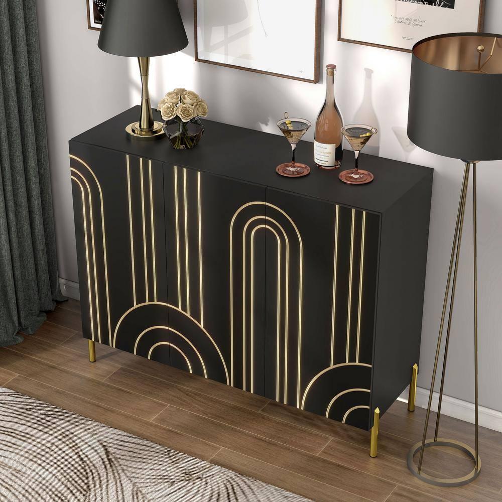 24/7 Shop At Home Touchsoft Glam 4 Shelf Sideboard Buffet with Adjustable Shelves Black: Modern Storage Credenza, Metal Frame