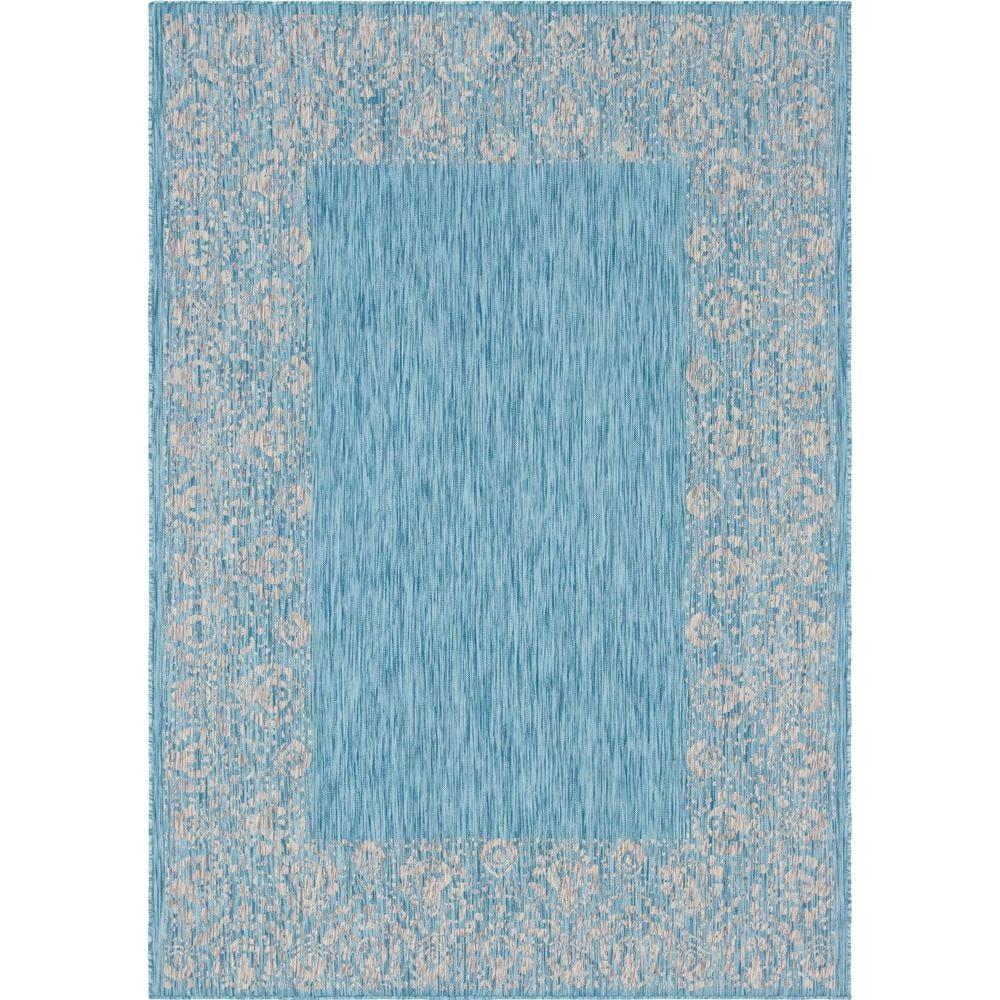Unique Loom 7' 1 x 10' 0 Rectangle Indoor/Outdoor Border Aqua Area Rug